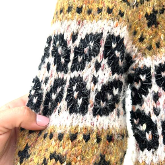 Zara Fair Isle Mustard Yellow Turtleneck Sparkle Holiday Sweater Small Wool - Picture 6 of 8